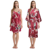 Trifolium Kimono Robe And Chemise Silky Peacock Satin Nightgown Bathrobe Wedding Negligee Nightdress Kimono + Chemise