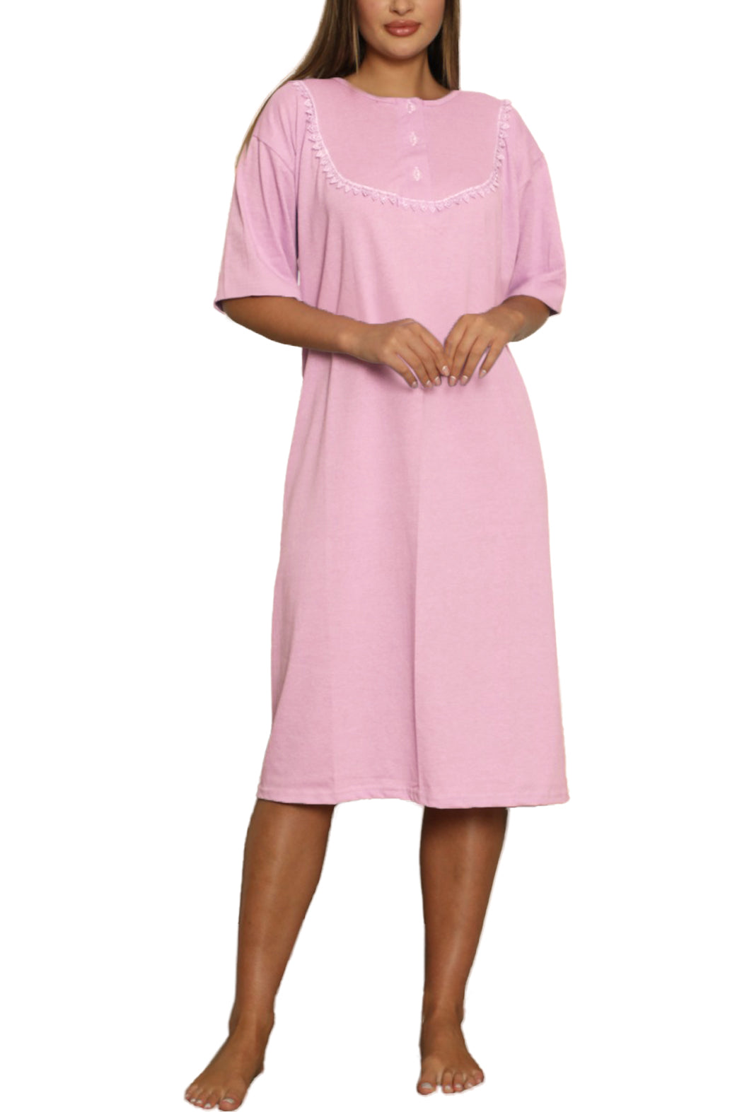 Robe De Nuit Femme 100% Coton Turc – Boutons & Bordure Florale, Confort Toutes Saisons Élégant