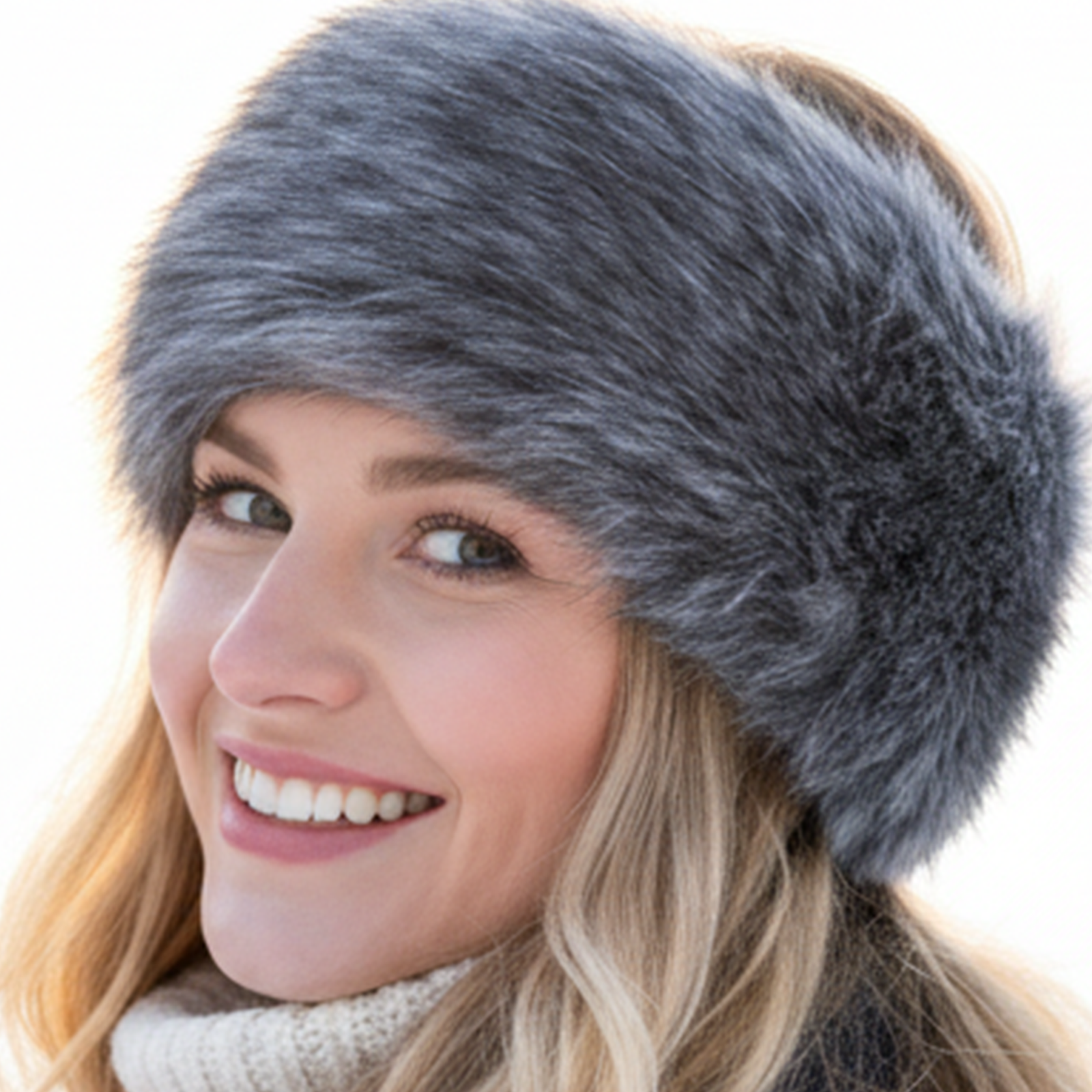 TRIFOLIUM Women’s Grey Faux Fur Headband – Fluffy Fleece Lined Winter Ear Warmer, One Size Warm Head Wrap for Cold Weather