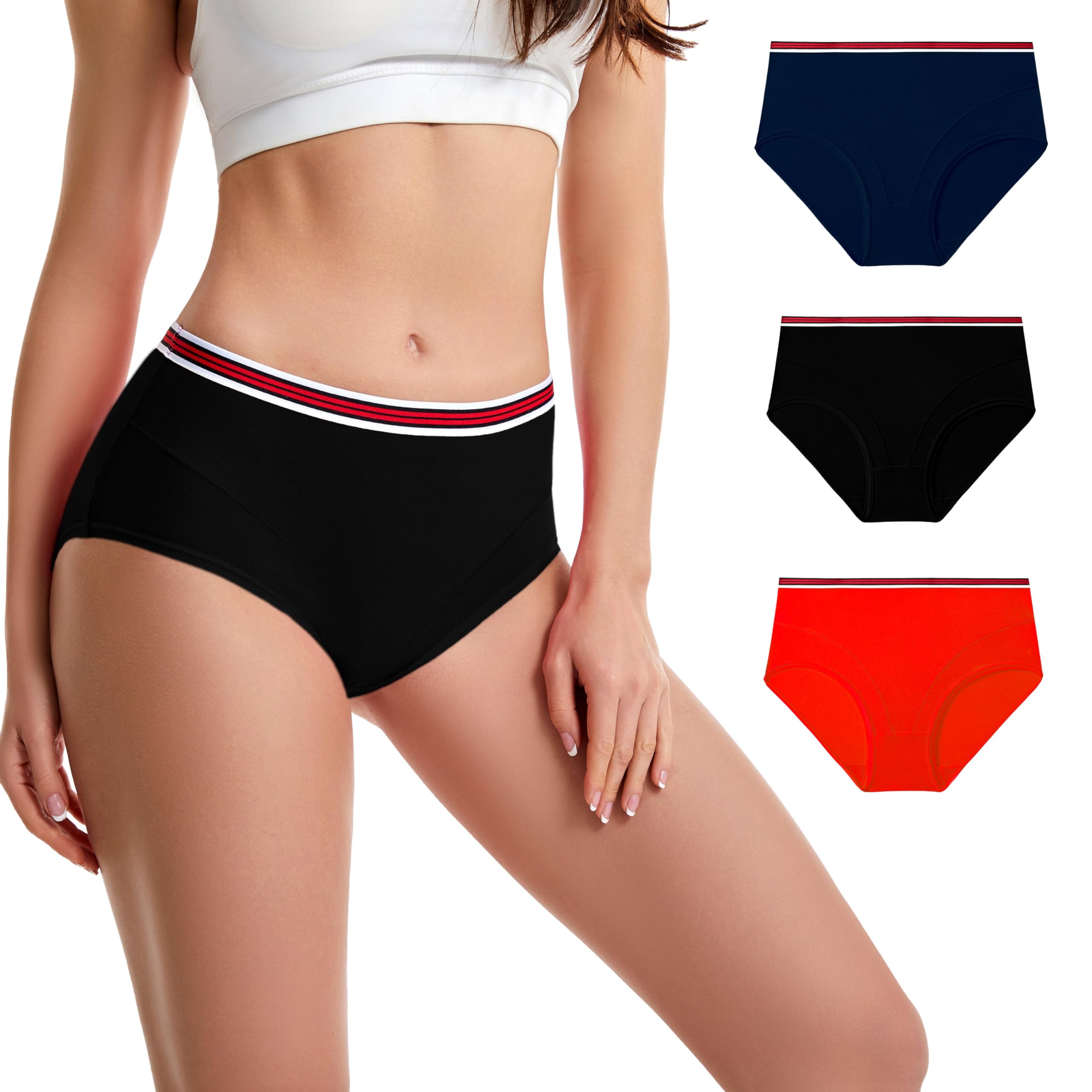 Trifolium High Waisted Brazilian Cotton Knickers Striped Waistband underpants 3 Pack (Black, Red, Turquoise) UK 10-12 Factory Label M (032-M-T9)