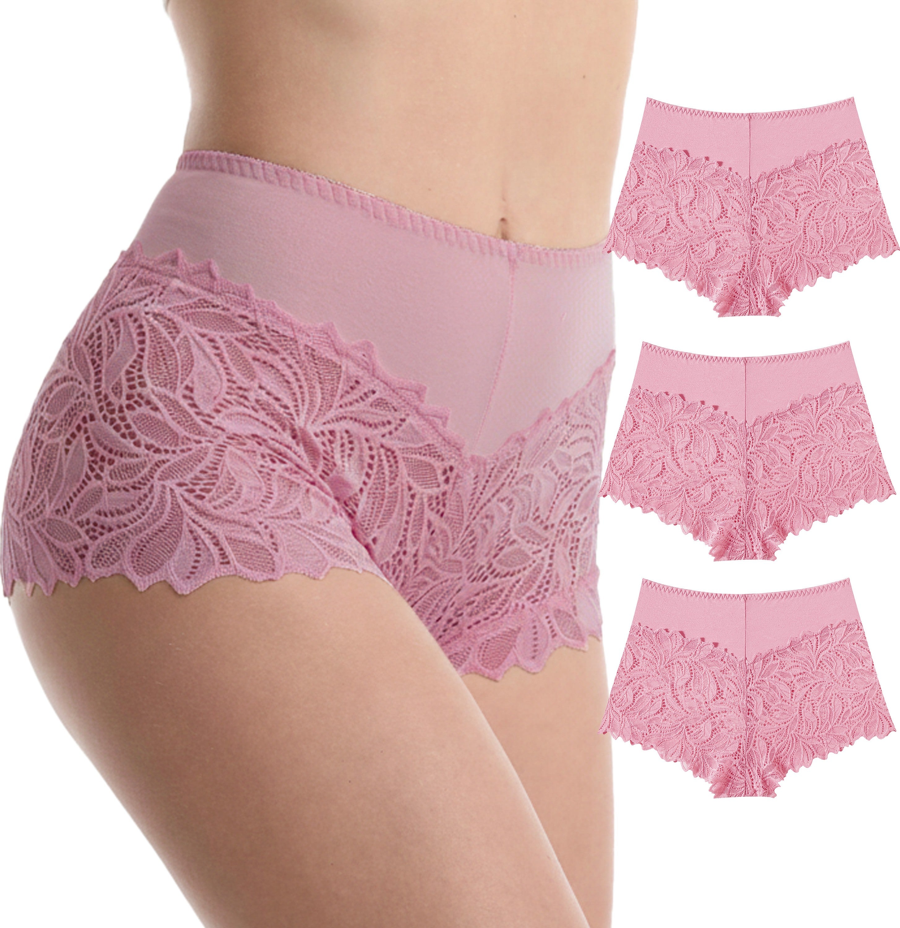 Trifolium Waist 3 Packs High Waist French Knickers Floral Lace Panties Stretchy Sheer Underpants