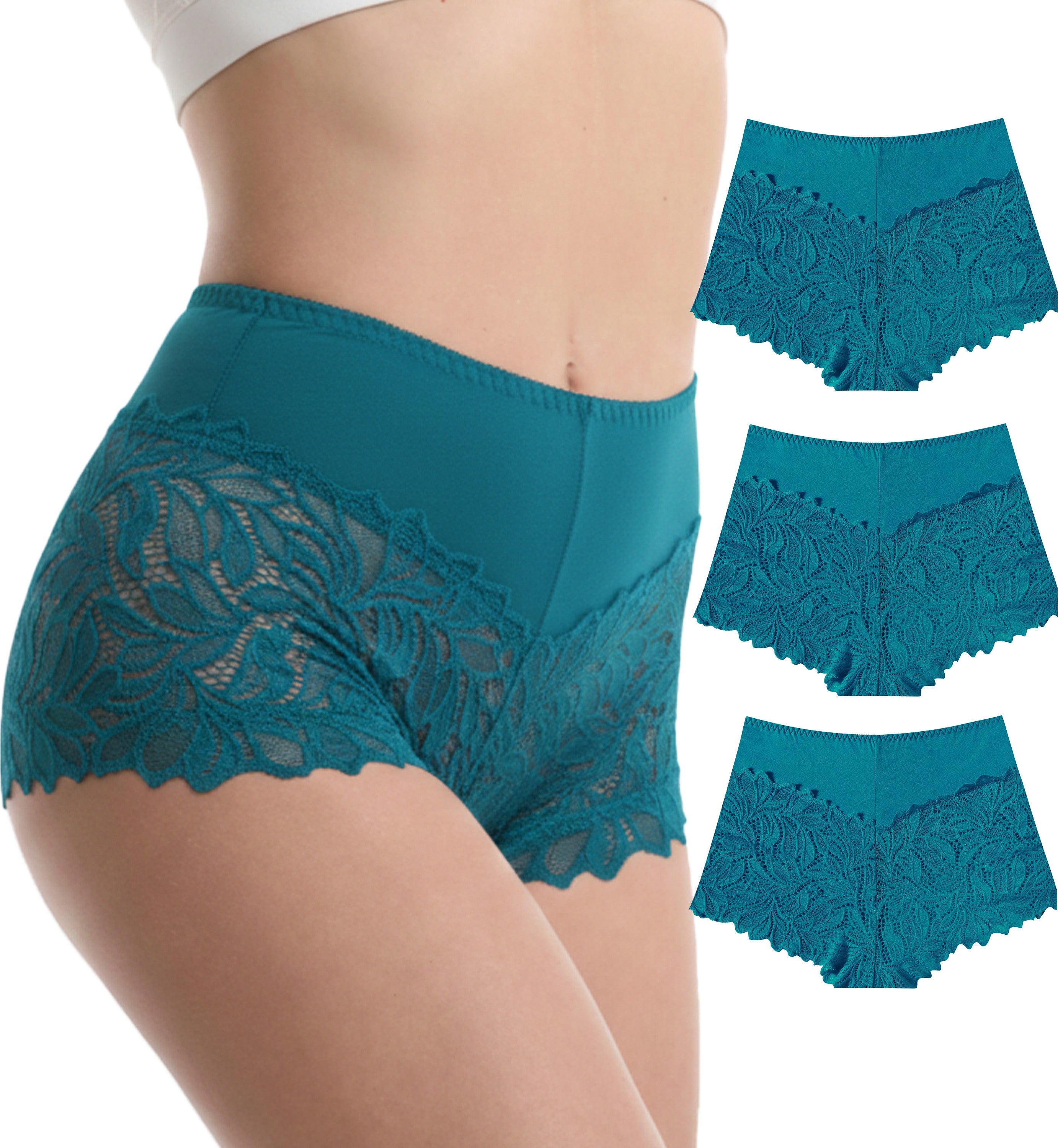 Trifolium Waist 3 Packs High Waist French Knickers Floral Lace Panties Stretchy Sheer Underpants