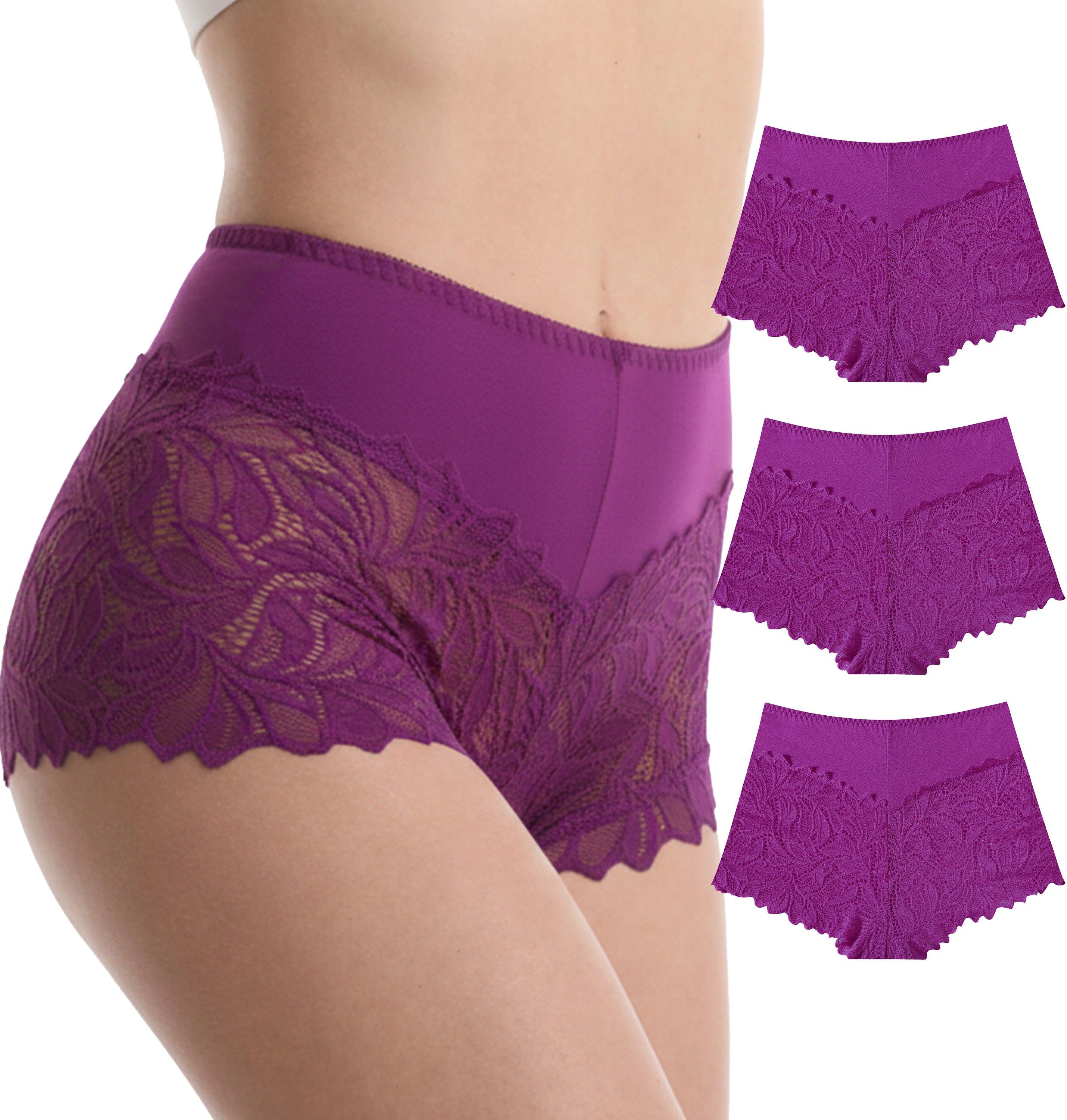Trifolium Waist 3 Packs High Waist French Knickers Floral Lace Panties Stretchy Sheer Underpants