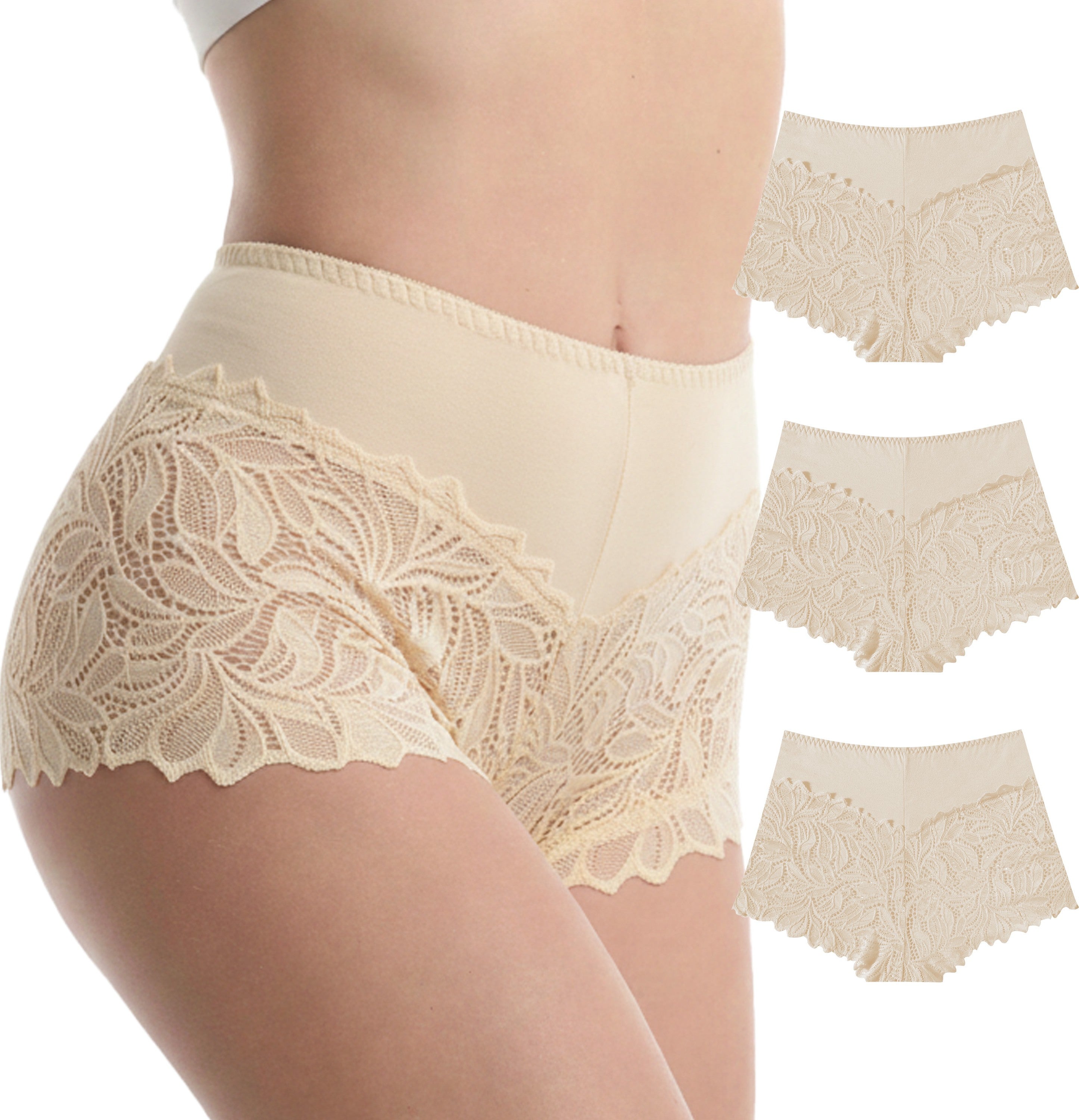 Trifolium Waist 3 Packs High Waist French Knickers Floral Lace Panties Stretchy Sheer Underpants