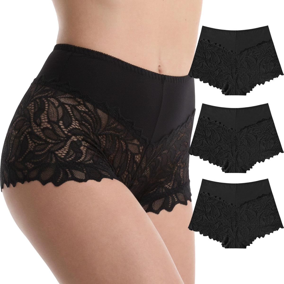 Trifolium Waist 3 Packs High Waist French Knickers Floral Lace Panties Stretchy Sheer Underpants
