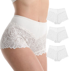 Trifolium Waist 3 Packs High Waist French Knickers Floral Lace Panties Stretchy Sheer Underpants