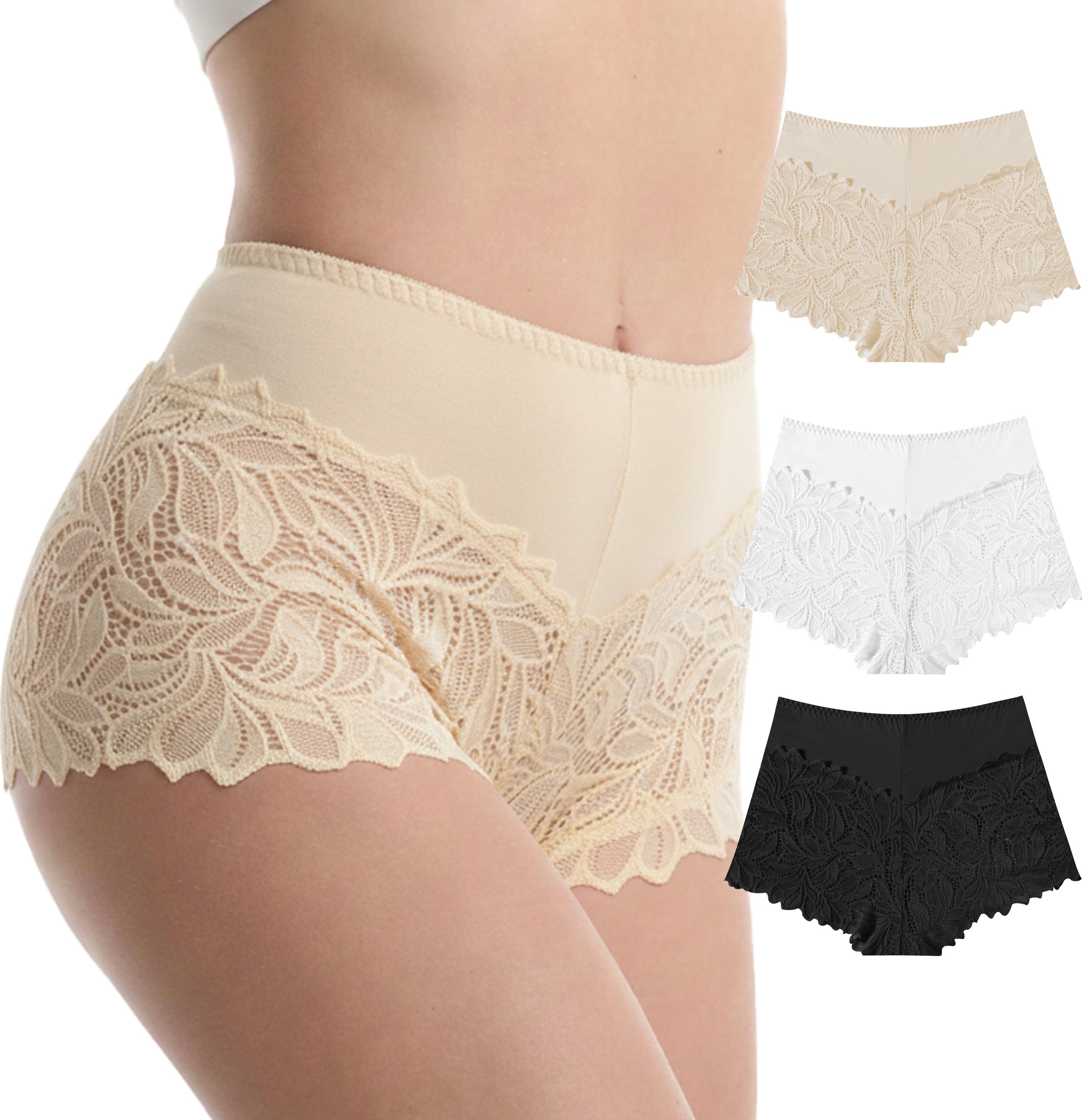 Trifolium Waist 3 Packs High Waist French Knickers Floral Lace Panties Stretchy Sheer Underpants