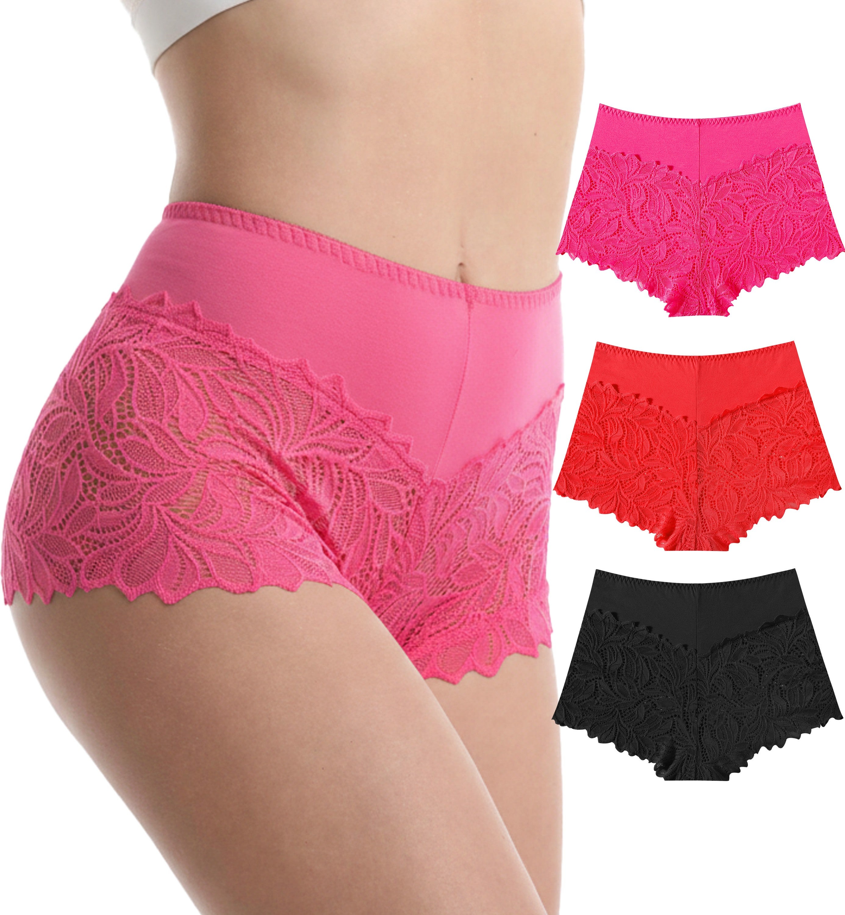 Trifolium Waist 3 Packs High Waist French Knickers Floral Lace Panties Stretchy Sheer Underpants