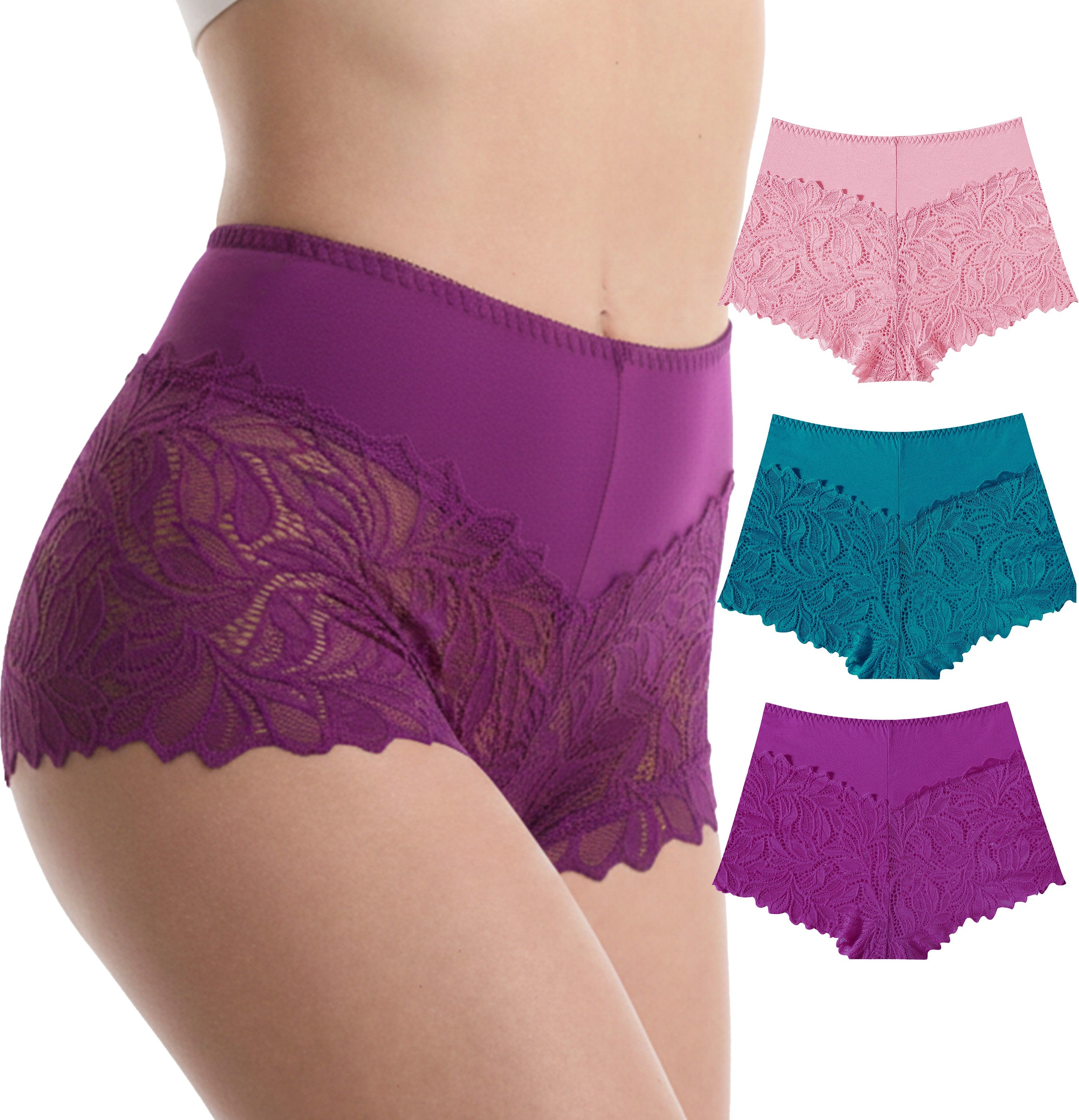 Trifolium Waist 3 Packs High Waist French Knickers Floral Lace Panties Stretchy Sheer Underpants