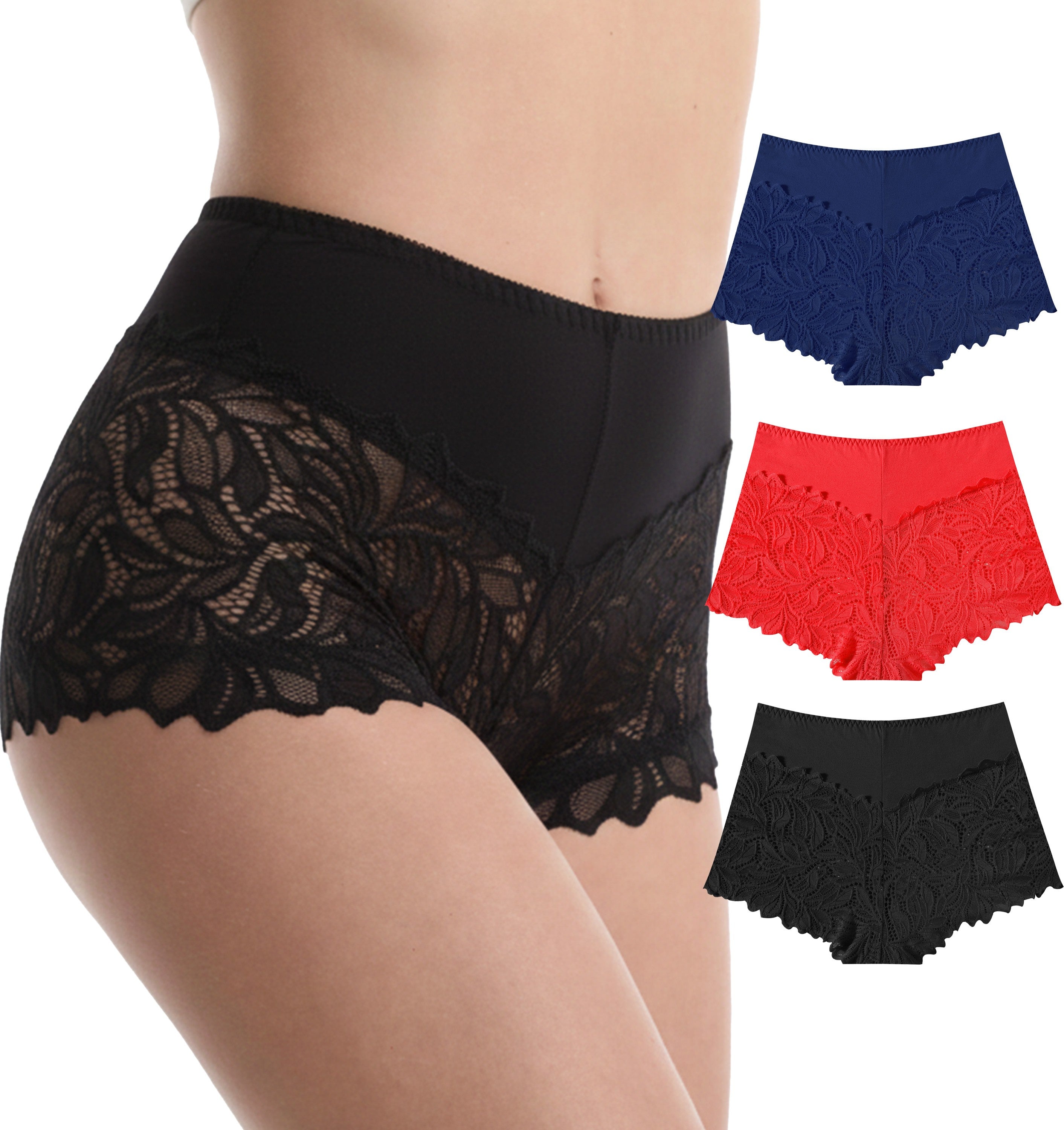 Trifolium Waist 3 Packs High Waist French Knickers Floral Lace Panties Stretchy Sheer Underpants
