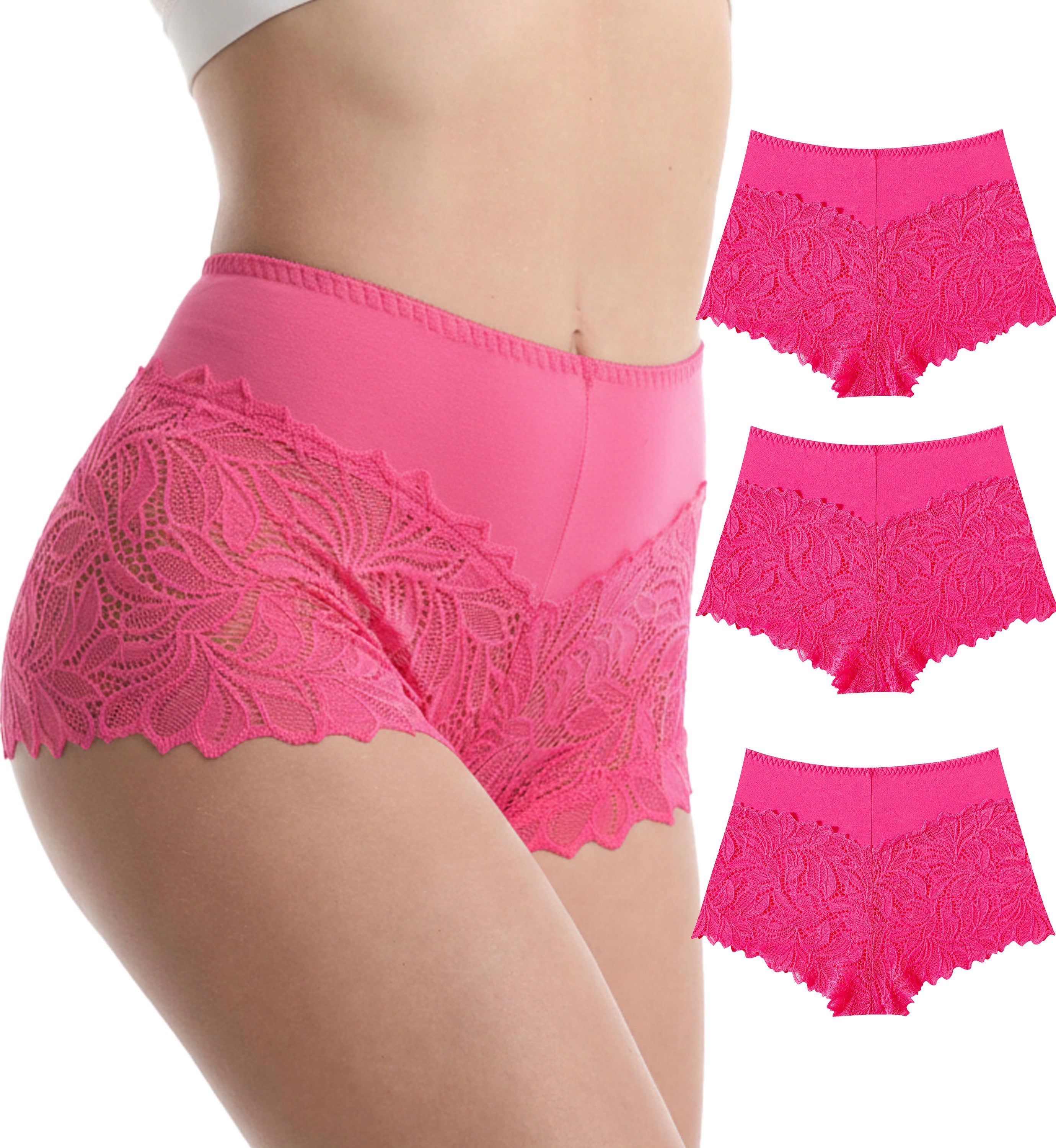 Trifolium Waist 3 Packs High Waist French Knickers Floral Lace Panties Stretchy Sheer Underpants
