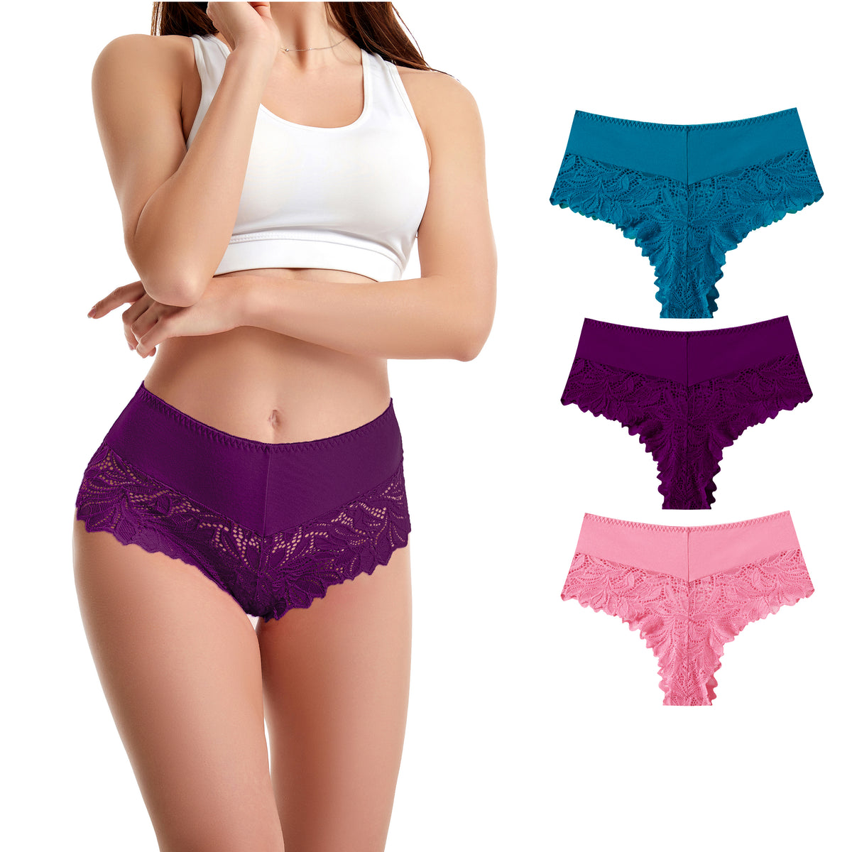 Trifolium Women's Low Waist French Knickers - Floral Lace Brazilian Panties - Comfortable, Breathable, and Stretchy Lingerie - Multiple Pack Options
