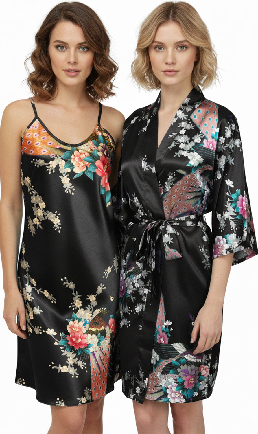 Trifolium Kimono Robe And Chemise Silky Peacock Satin Nightgown Bathrobe Wedding Negligee Nightdress