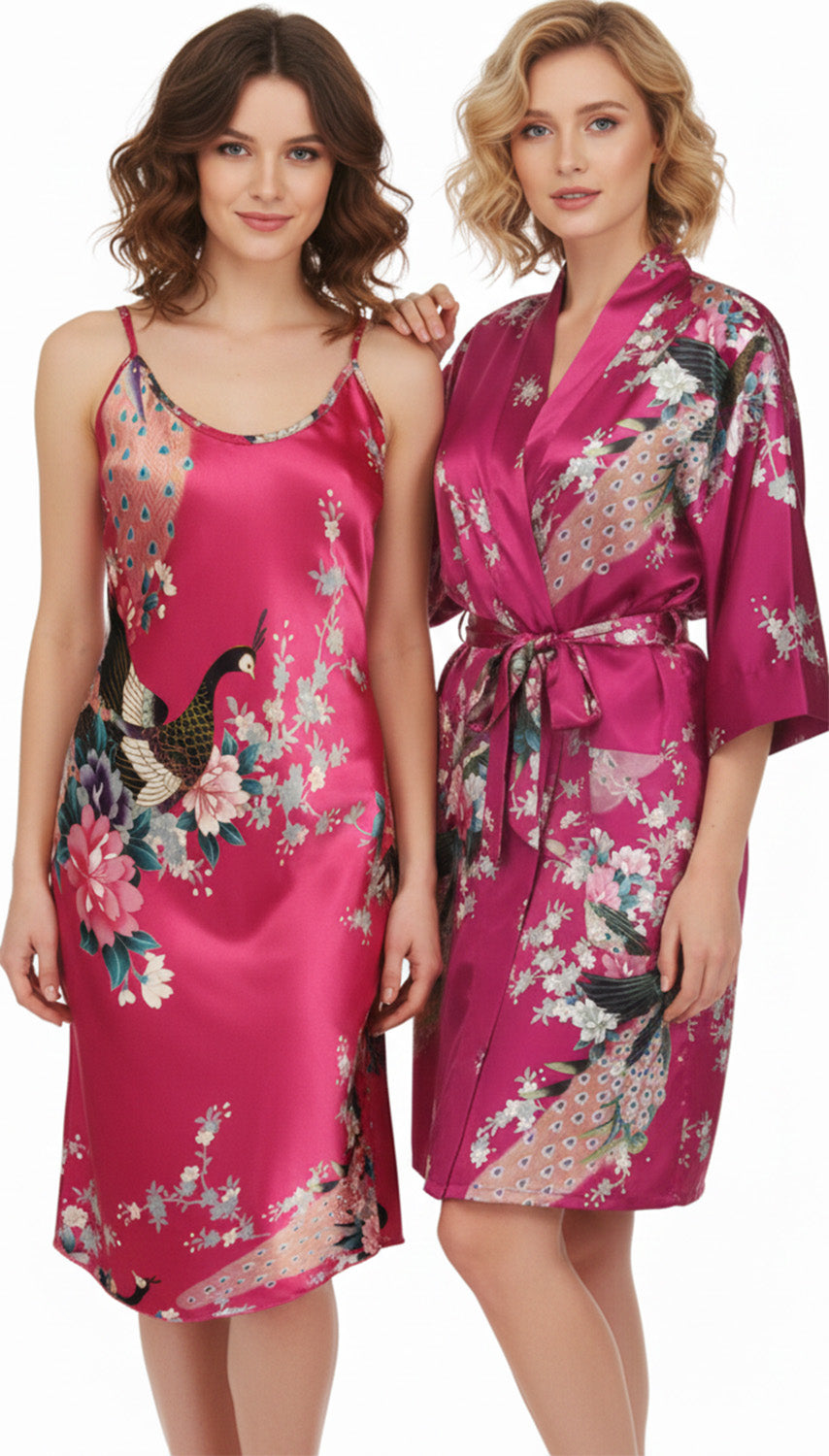 Trifolium Kimono Robe And Chemise Silky Peacock Satin Nightgown Bathrobe Wedding Negligee Nightdress