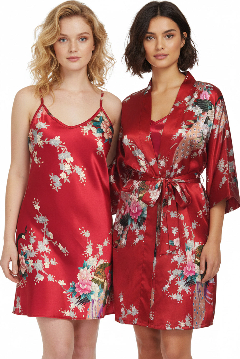 Trifolium Kimono Robe And Chemise Silky Peacock Satin Nightgown Bathrobe Wedding Negligee Nightdress
