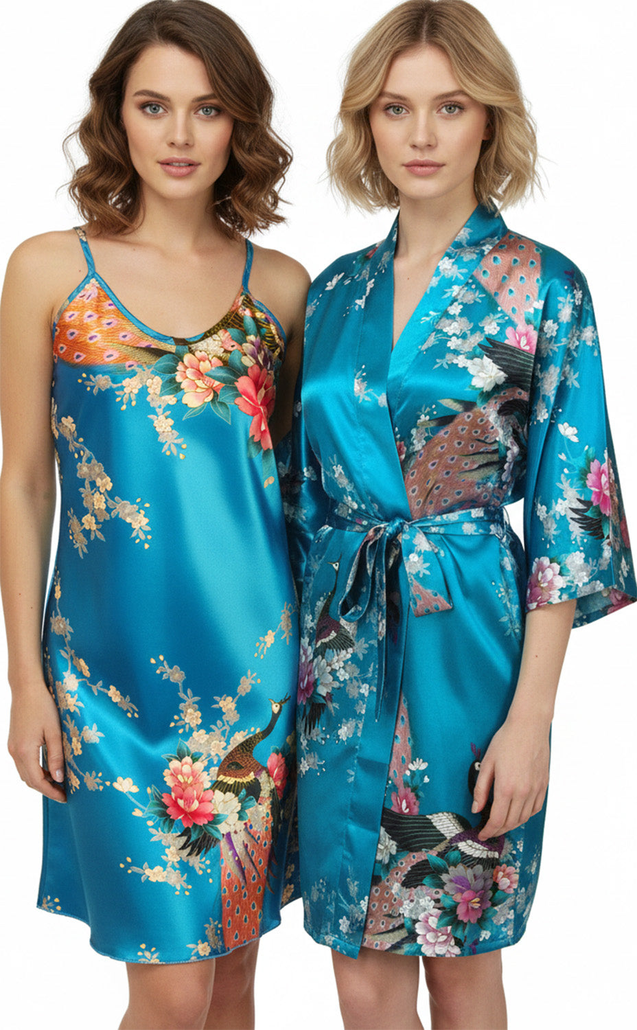 Trifolium Kimono Robe And Chemise Silky Peacock Satin Nightgown Bathrobe Wedding Negligee Nightdress