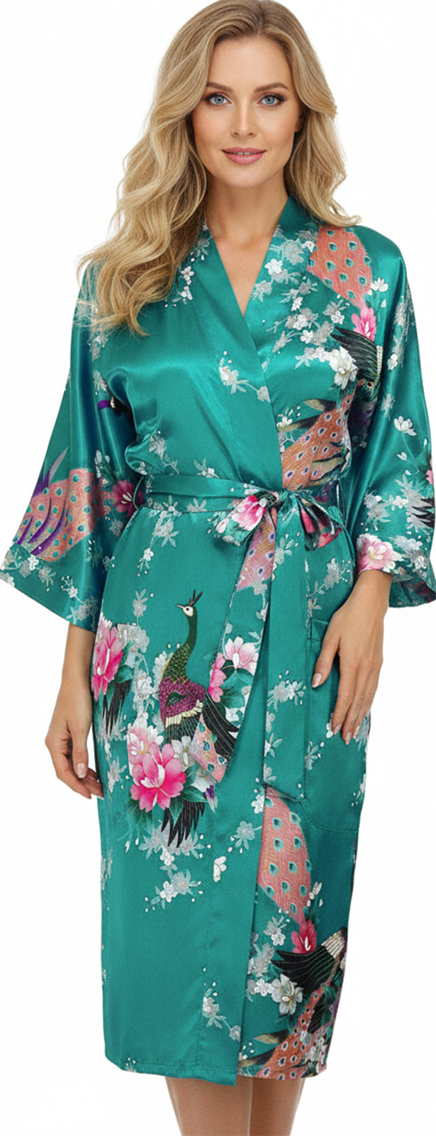 Trifolium Kimono Robe And Chemise Silky Peacock Satin Nightgown Bathrobe Wedding Negligee Nightdress