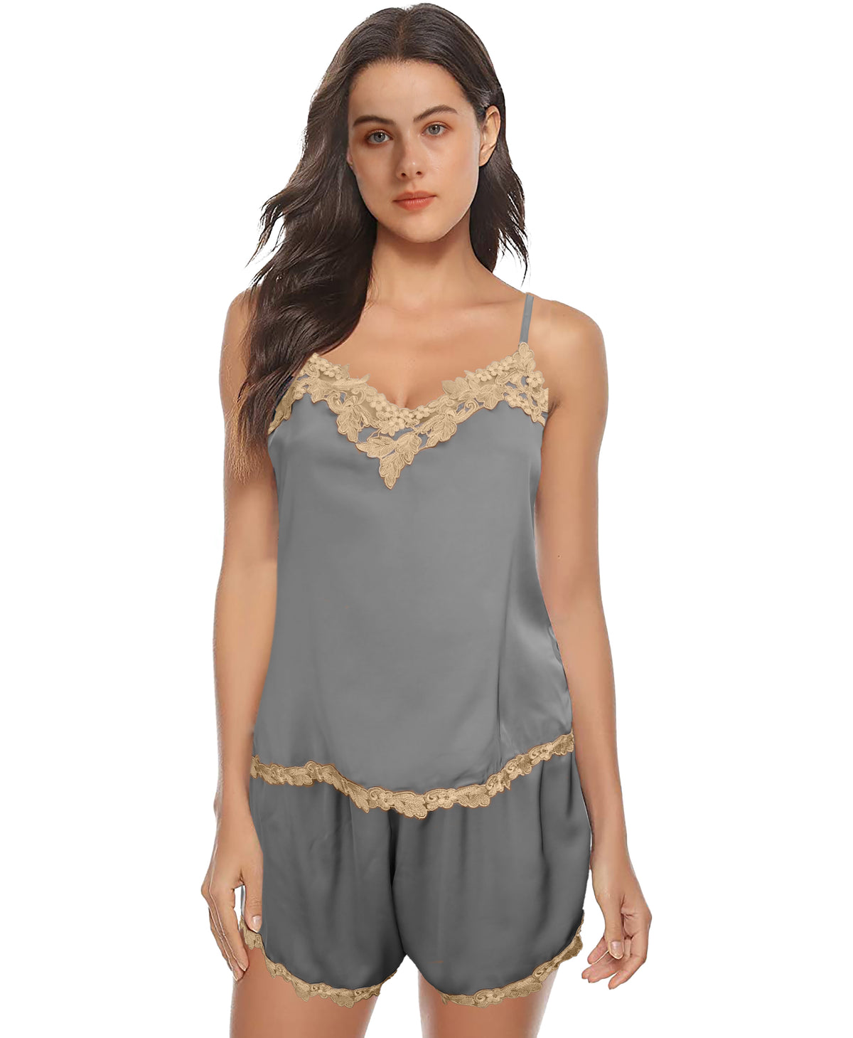 Trifolium Women's Sexy Lace Chemise and Shorts Set - Elegant V-Neck Sleepwear Pyjamas for a Stylish Night's Rest