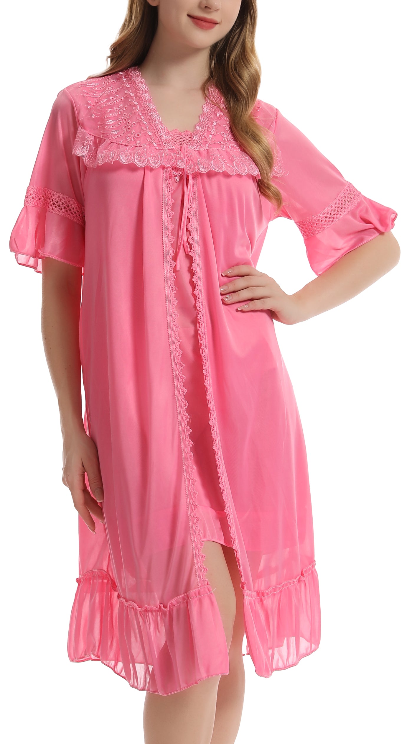 Trifolium Vintage-Inspired Sheer Negligee Set with Lace Detailing Hot Pink Factory Label