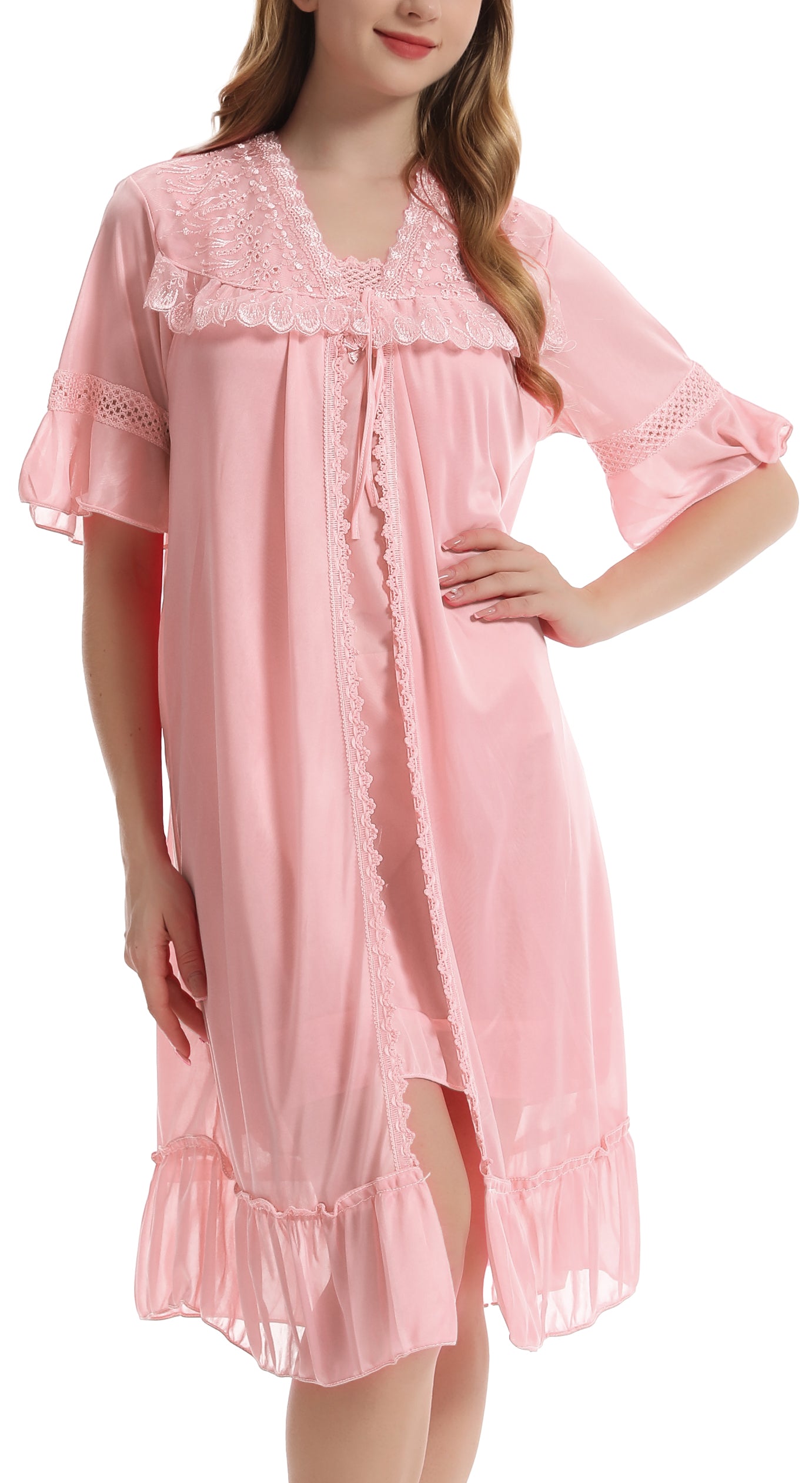 Trifolium Vintage-Inspired Sheer Negligee Set with Lace Detailing Hot Pink Factory Label