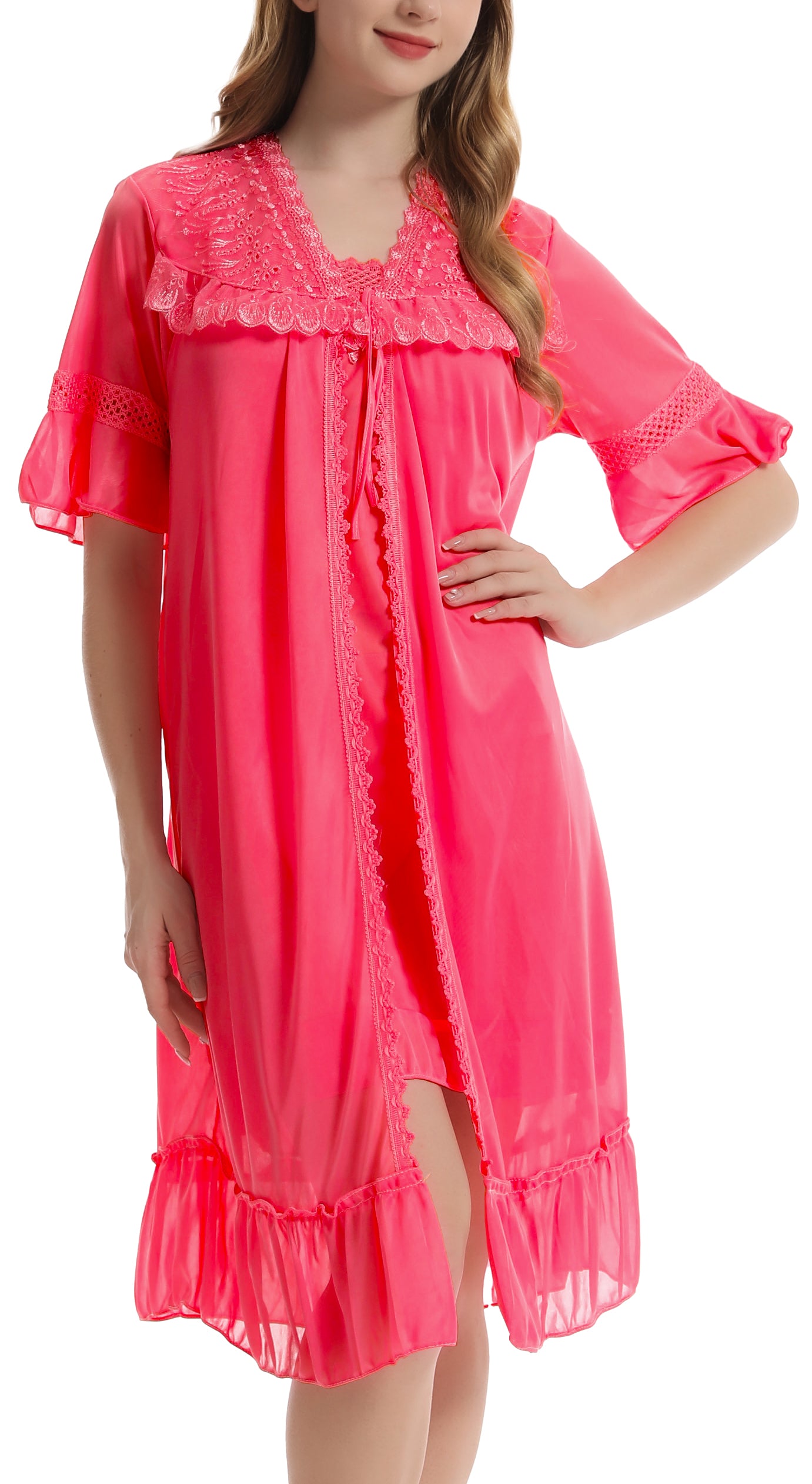 Trifolium Vintage-Inspired Sheer Negligee Set with Lace Detailing Hot Pink Factory Label