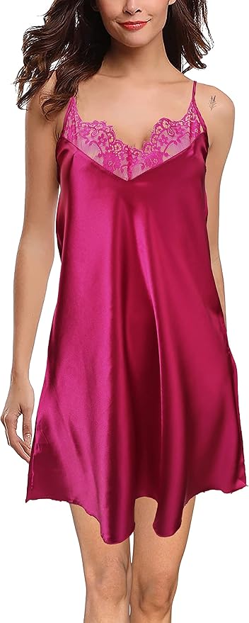 Silky Satin Lace Trim Nightshirt V-Neck Chemise| Trifolium