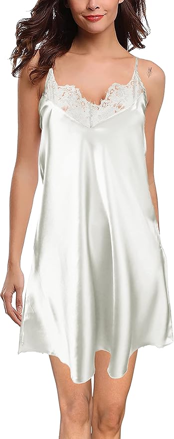 Silky Satin Lace Trim Nightshirt V-Neck Chemise| Trifolium