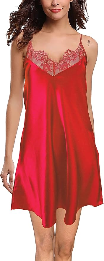 Silky Satin Lace Trim Nightshirt V-Neck Chemise| Trifolium