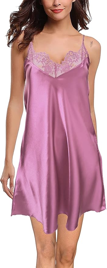 Silky Satin Lace Trim Nightshirt V-Neck Chemise| Trifolium