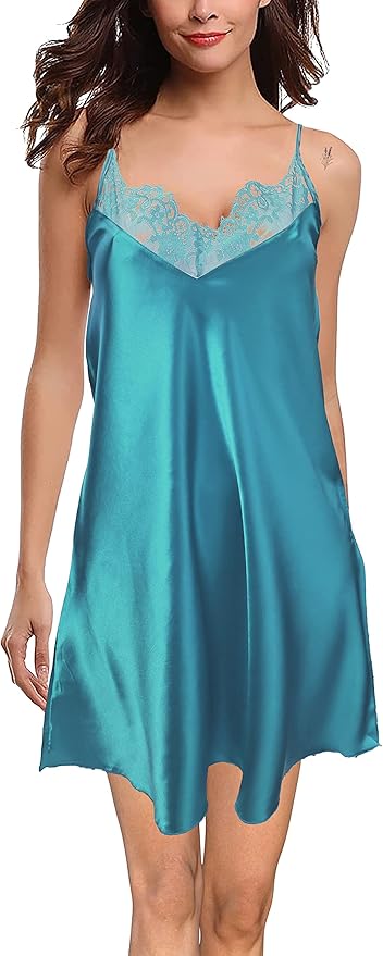 Silky Satin Lace Trim Nightshirt V-Neck Chemise| Trifolium