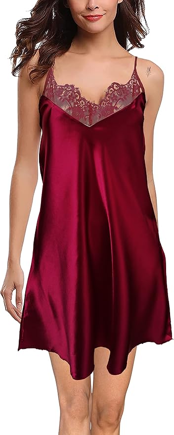 Silky Satin Lace Trim Nightshirt V-Neck Chemise| Trifolium