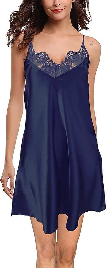 Silky Satin Lace Trim Nightshirt V-Neck Chemise| Trifolium