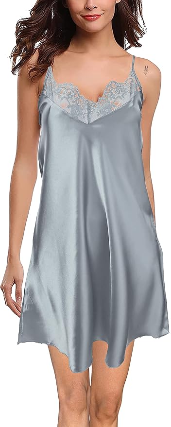 Silky Satin Lace Trim Nightshirt V-Neck Chemise| Trifolium