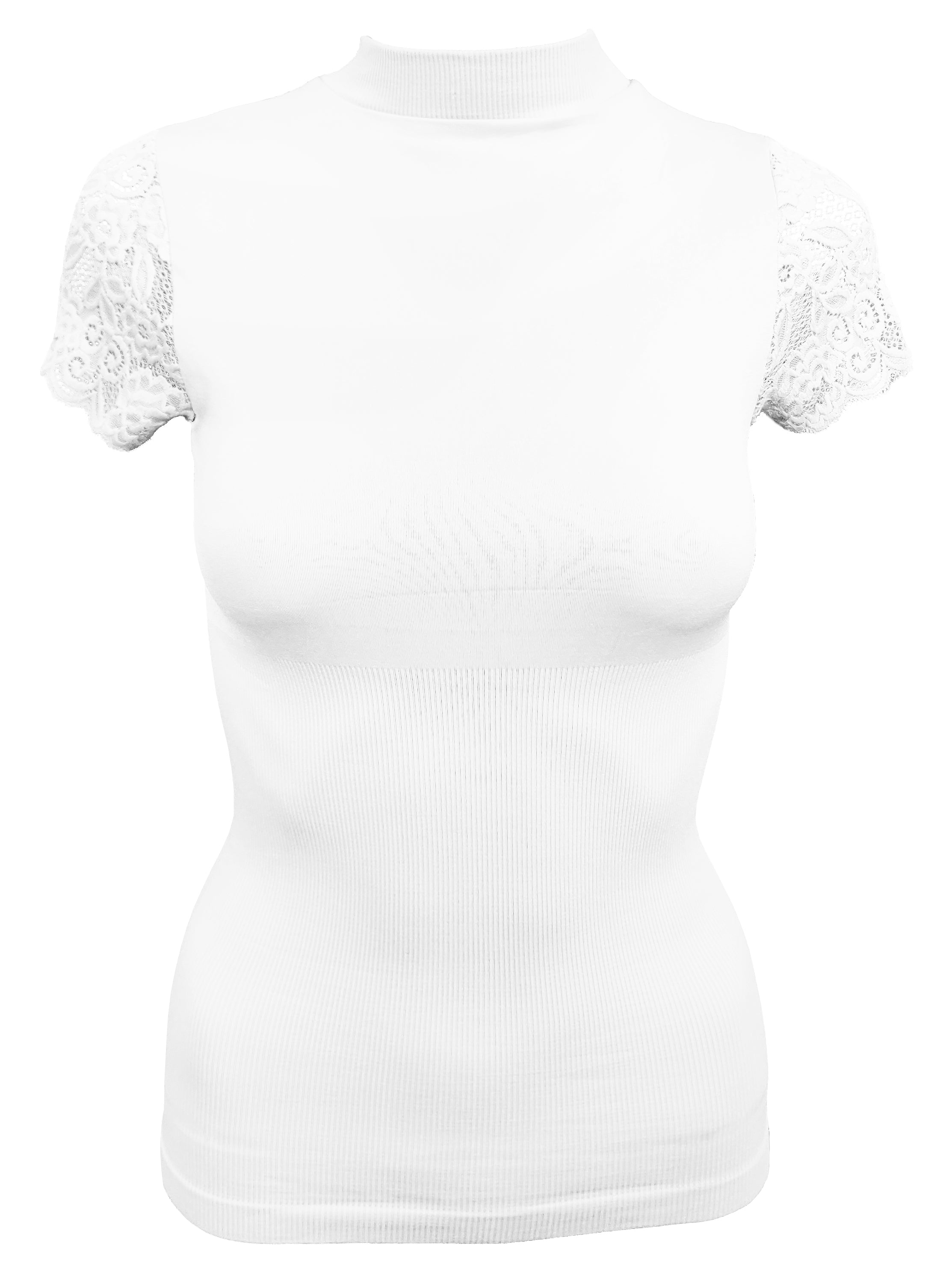 Women's Turtle Neck T-Shirt Waist Shaping Tummy Control Slimming Lace Sleeves Shapewear Top