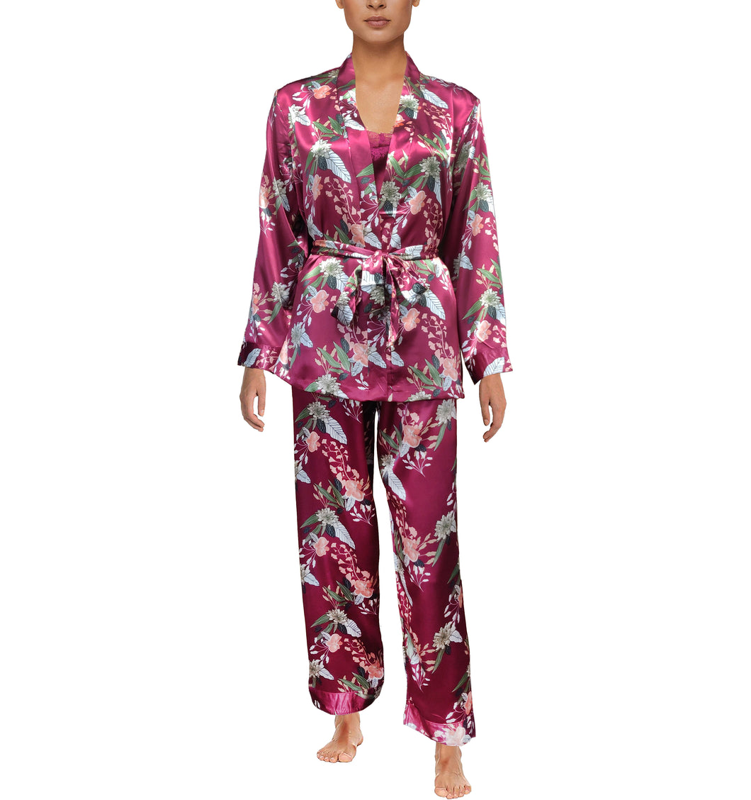 Women Pyjama Sets Silk Satin Sleepwear 3 Pieces Robe Cami Lace Floral Sexy Nightwear Pajamas