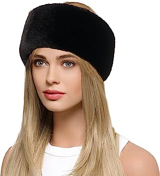 Trifolium Winter Faux Fur Headband for Women Fancy Ear Warmer with Stretch Fluffy Elastic Headband (One size Black Fox)