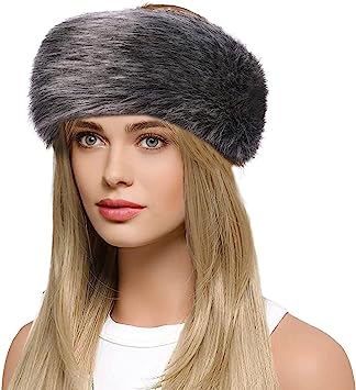 Trifolium Winter Faux Fur Headband for Women Fancy Ear Warmer with Stretch Fluffy Elastic Headband (One size Black Fox)