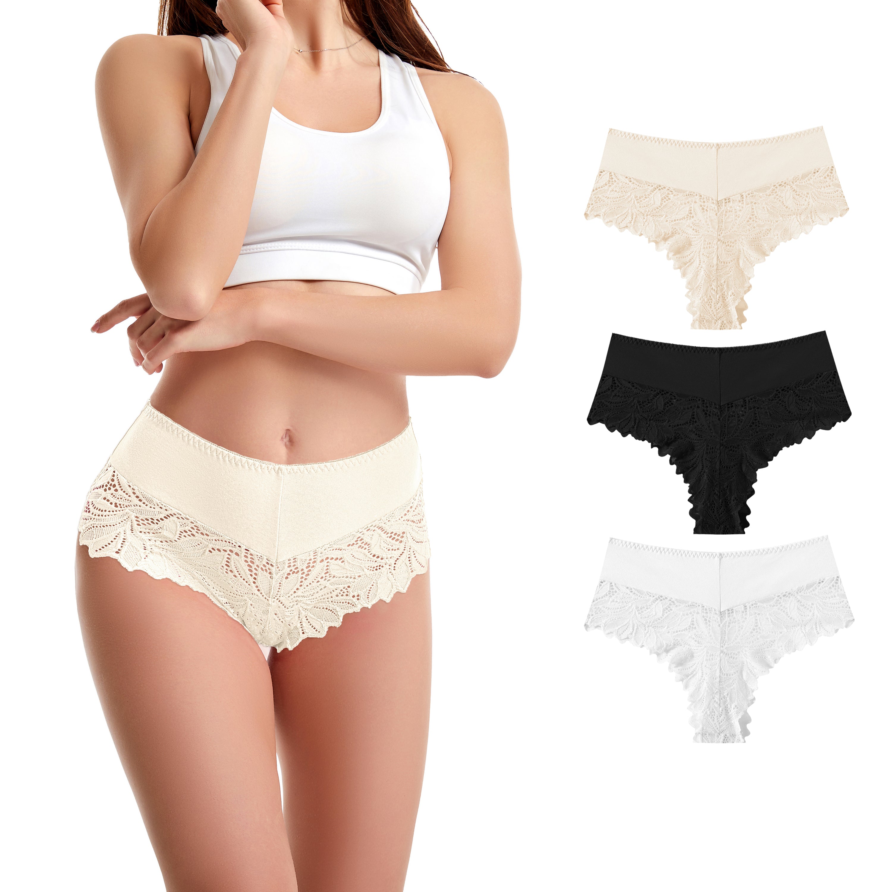 Trifolium Low Waist French Knickers Floral Lace Panties Stretchy Sheer Cotton Boxer