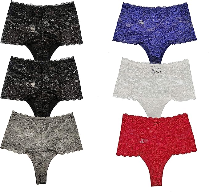 Trifolium 6 Pack Lace Thongs Panties Bikini Underwear Ladies Sexy High Waist String Knickers Tangas
