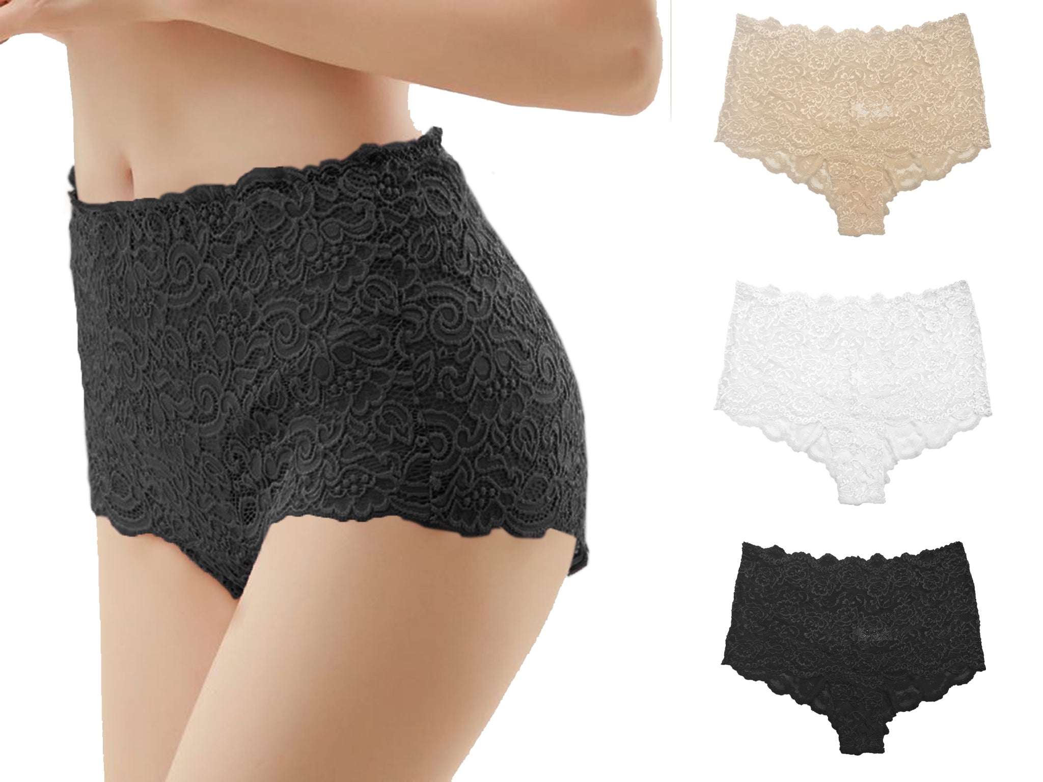 Trifolium Womens Lace Panties Sexy Hipster High Waisted See-Through Lingerie Shorts - 3 Pack