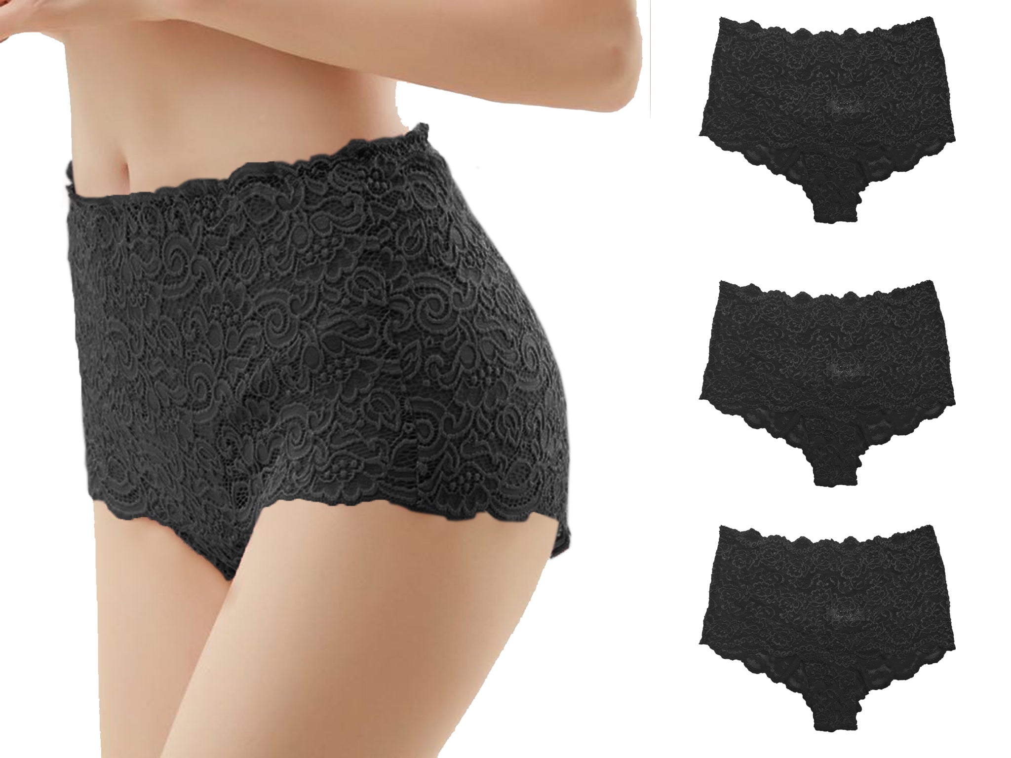 Trifolium Womens Lace Panties Sexy Hipster High Waisted See-Through Lingerie Shorts - 3 Pack