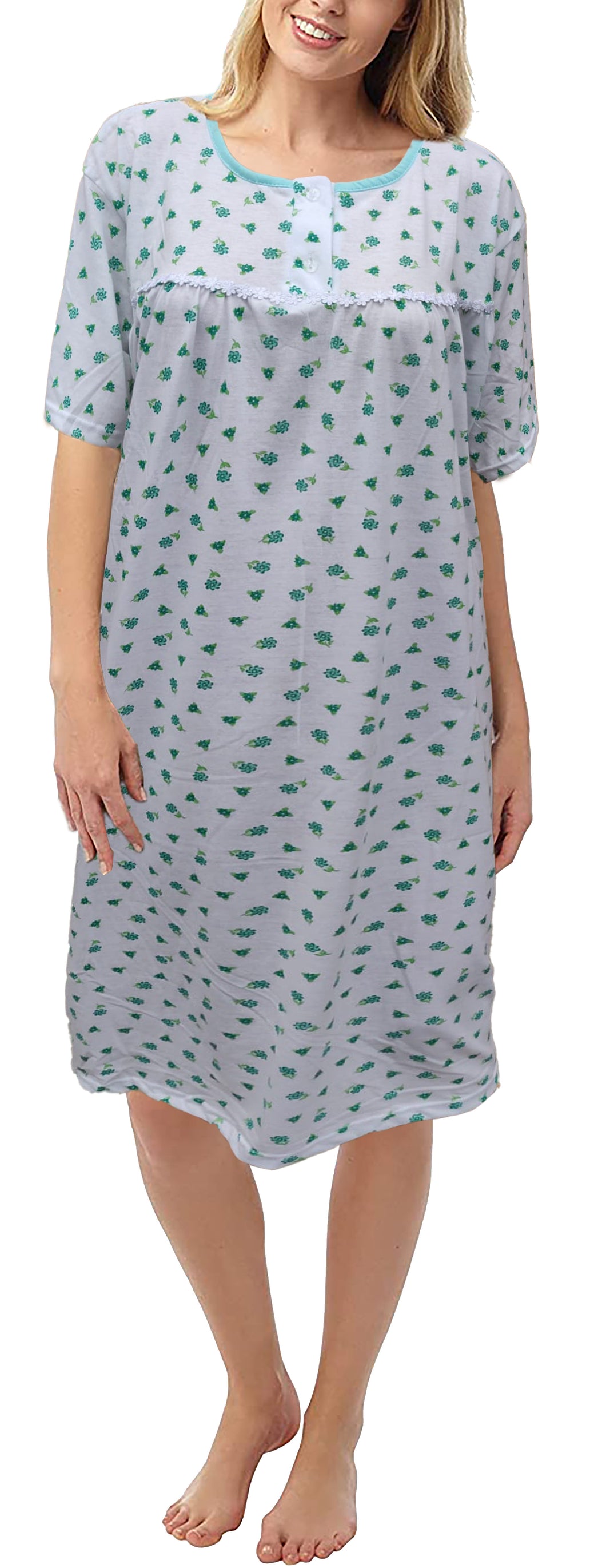 Women's Nightdress Short Sleeve Nightshirt 100% Cotton Nightwear Plus Size Ladies Pajamas Flowers Print